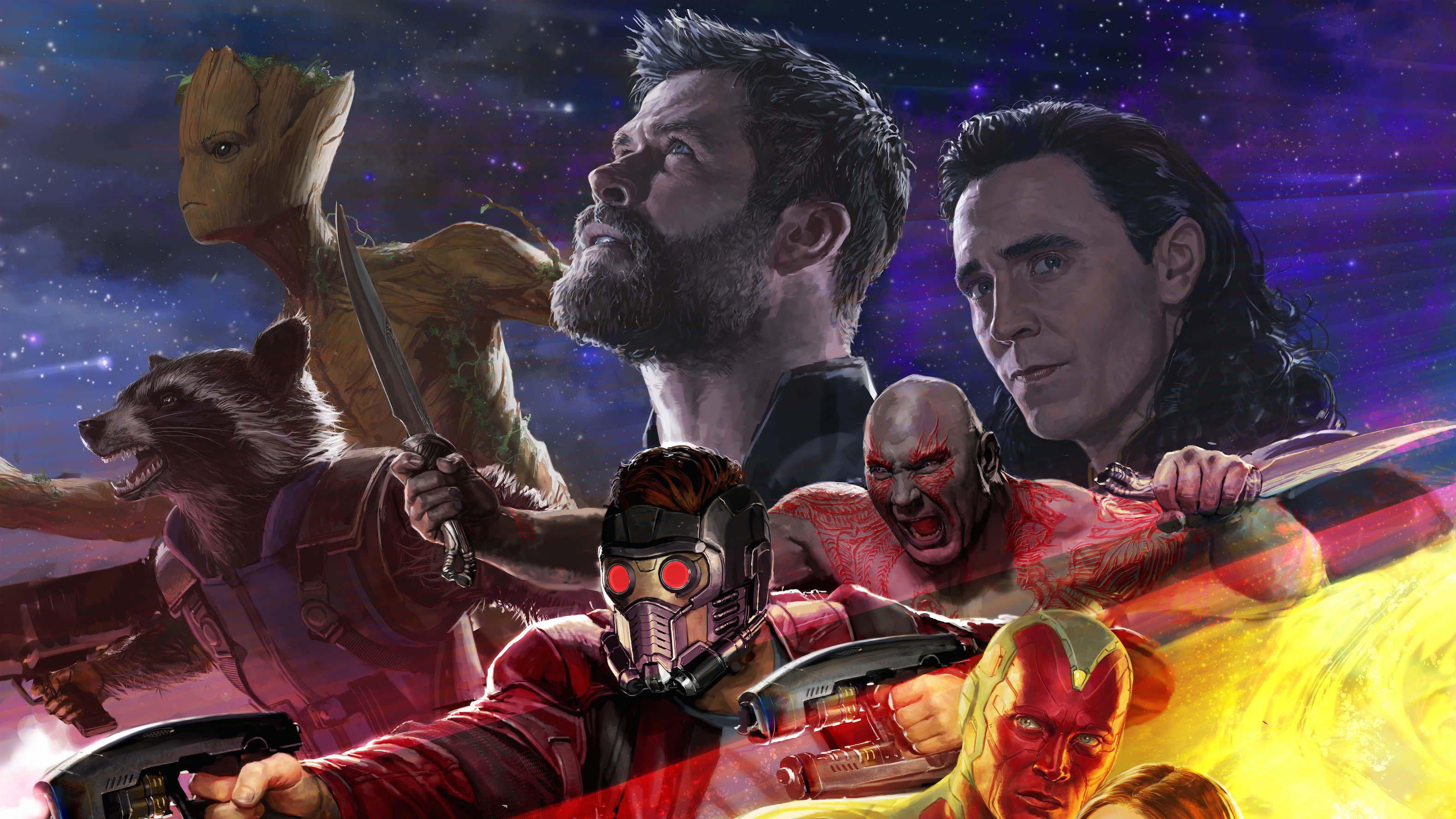 3157x1776 Bradley Cooper, Chris Hemsworth, Chris Pratt, Dave Bautista, Drax The Destroyer, Groot, Loki, Paul Bettany, Peter Quill, Rocket Raccoon, Star Lord, Thor, Tom Hiddleston, Vin Diesel, Vision (Marvel Comics), Bradley Cooper wallpaper for computer
