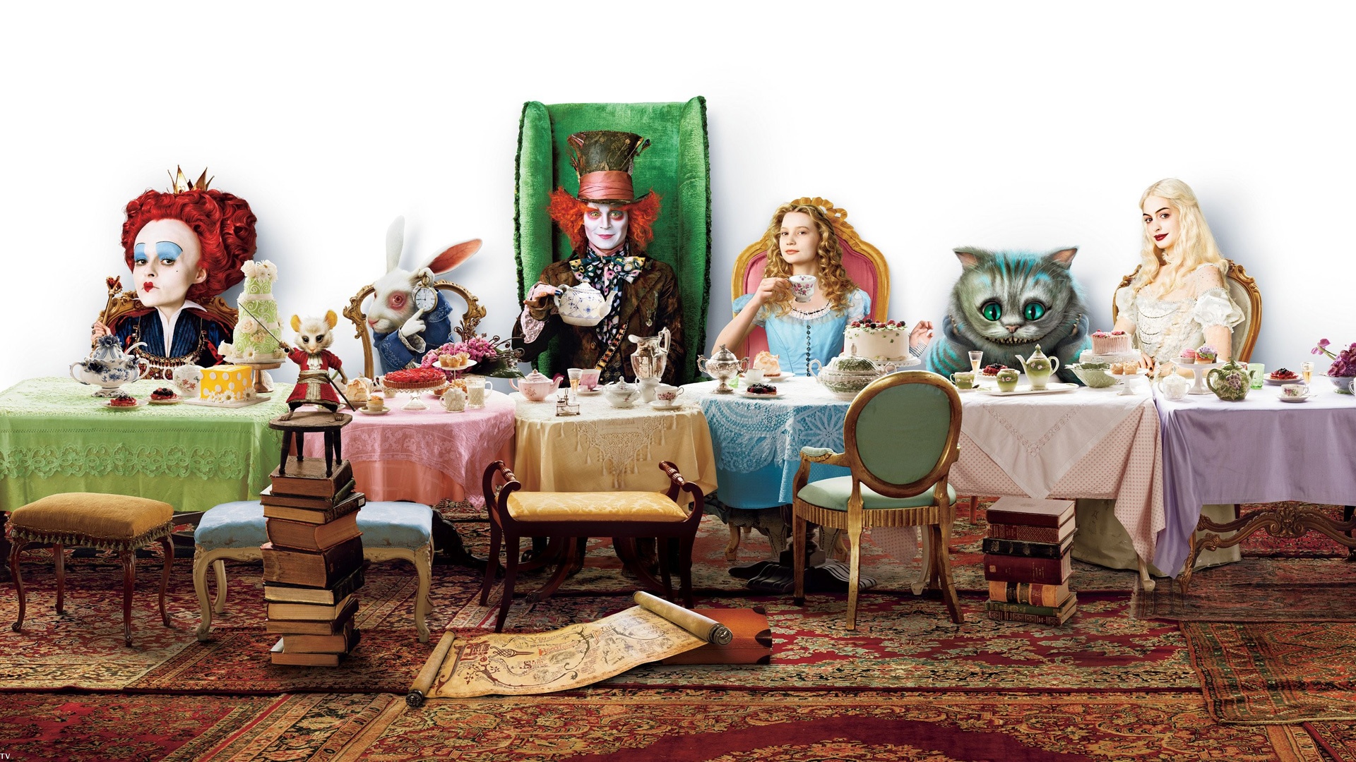 1920x1080 Alice (Alice in Wonderland), Anne Hathaway, Cheshire Cat, Helena Bonham Carter, Johnny Depp, Mad Hatter, Mia Wasikowska, Queen Of Hearts, White Queen (Alice in Wonderland), Helena Bonham Carter wallpaper free hd widescreen