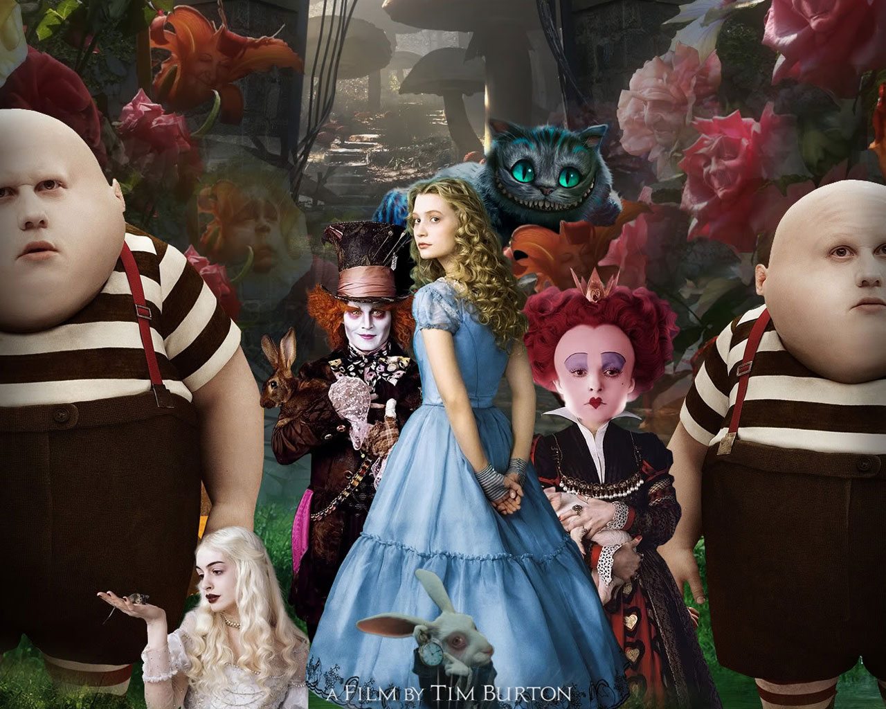 1280x1024 Alice (Alice in Wonderland), Alice In Wonderland, Anne Hathaway, Cheshire Cat, Helena Bonham Carter, Johnny Depp, Mad Hatter, Mia Wasikowska, Queen Of Hearts, Tweedledee, Tweedledum, White Queen (Alice in Wonderland), Helena Bonham Carter wallpaper for desktop